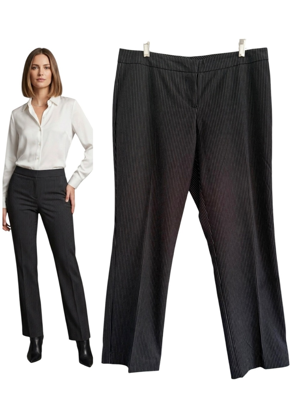 Women’s Black Pinstripe Mid Rise Straight Leg Dress Pants Trousers Size 12 P - Picture 1 of 16